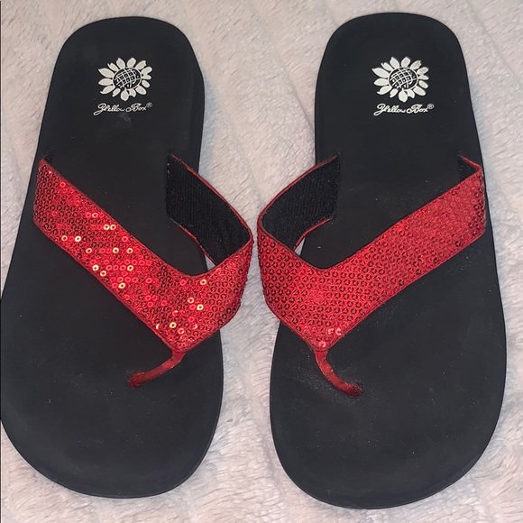 yellow box red sequin flip flops